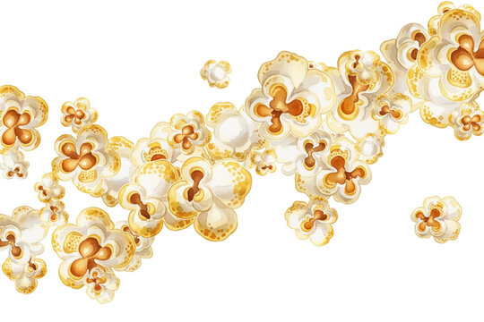 Numerous pieces of fluffy, popped corn scattered vector illustration. Excellent for home theater advertising. Vibrant explosion of popcorn kernels.