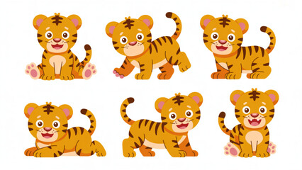Obraz premium Cute Baby Tiger Character Set Colorful Flat Cartoon Tigers in Playful Poses
