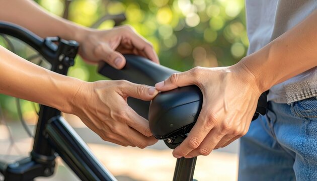 Person helping another person fix bicycle seat outdoors in daytime