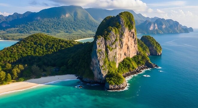 Coastal mountain landscape with turquoise water and sandy beach under sunlight