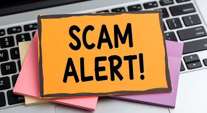 Scam Alert Warning Sign on Laptop Keyboard.
