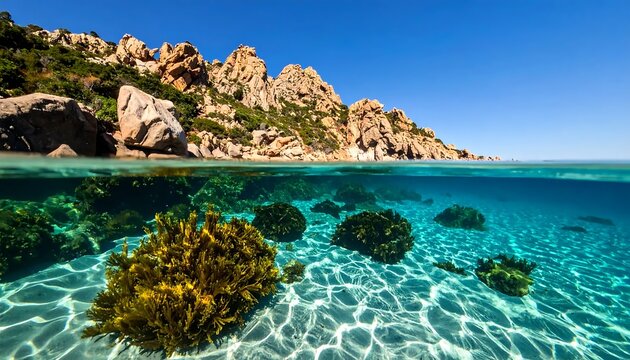 Split Level Shot Of Crystal Clear Turquoise Water With Rocky Cliffs And Underwater View Of Sandy Seabed With Green Reef Plants Under Blue