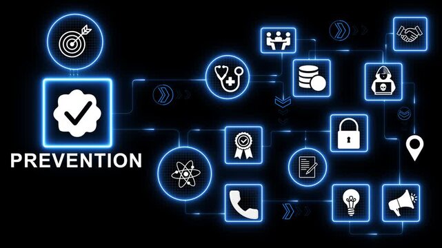 Blue neon prevention interface design with connected security icons illustrating risk avoidance and system protection workflow in digital environment 4k visuals