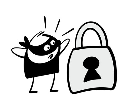Virtual criminal has encountered an obstacle on the Internet. Vector illustration of a fraudster in a panic looking at a closed lock. Cyber security concept. Criminal situation online.
