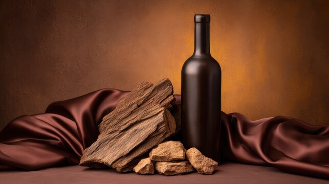 A dark brown bottle stands surrounded by pieces of bark and rocks on a silky brown fabric backdrop with warm lighting.