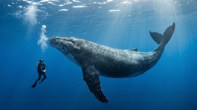 Scuba Diver Swimming with a Majestic Humpback Whale Underwater