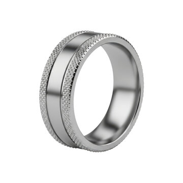 Elegant polished silver wedding band featuring a textured diamond knurled pattern along the edges isolated on transparent background