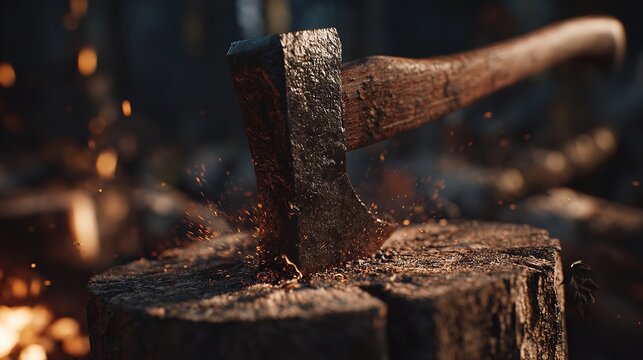 Axe head embedded in wood tree stump with sparks and burning embers visible.
