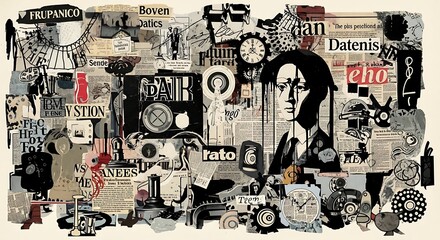 Fototapeta premium Collage of illustrations featuring gears and human figures in monochromatic design