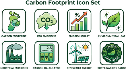 Fototapeta premium A comprehensive icon set illustrating various aspects of carbon footprint, CO2 emissions, industrial impact, renewable energy, and environmental sustainability.