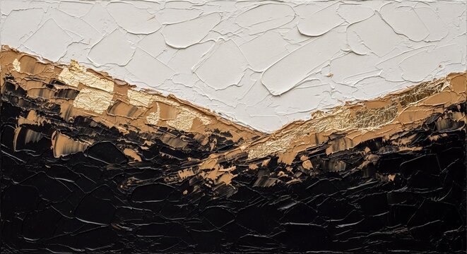 Luxurious abstract art with gold leaf accent on black steel and off-white paper, panoramic metallic wall art background