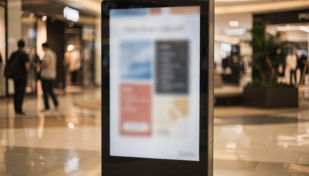 Mall lobby medium shot of an interactive digital directory showcasing store listings and promotions with shoppers and decor blurred behind for emphasis.