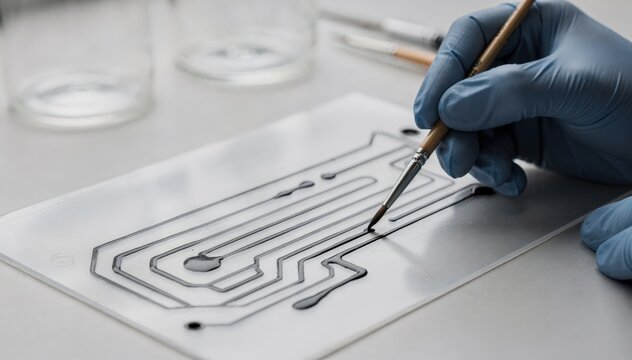 Operator carefully applies carbonbased conductive ink onto a flexible substrate using a fine brush highlighting ecofriendly materials in printed electronics manufacturing.