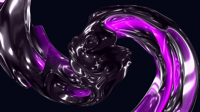 Abstract 3D liquid metal swirl with glossy black and neon purple reflections, flowing and rotating on a dark background for futuristic motion design and tech visuals