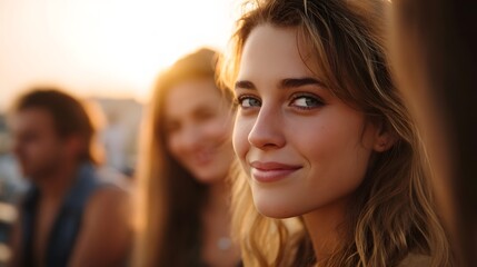 Fototapeta premium Close up portrait of a smiling young woman enjoying the warm golden light during an outdoor gathering with friends