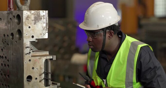A technician performs precision grinding and close inspection on a metal component in a manufacturing facility, showing finishing work, process control, and industrial supervision.
