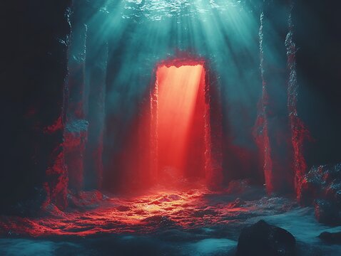 Mysterious portal illuminated by radiant light beams in an archaic space