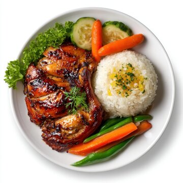 Inasal na manok with steamed vegetables and garlic butter rice isolated on a white background
