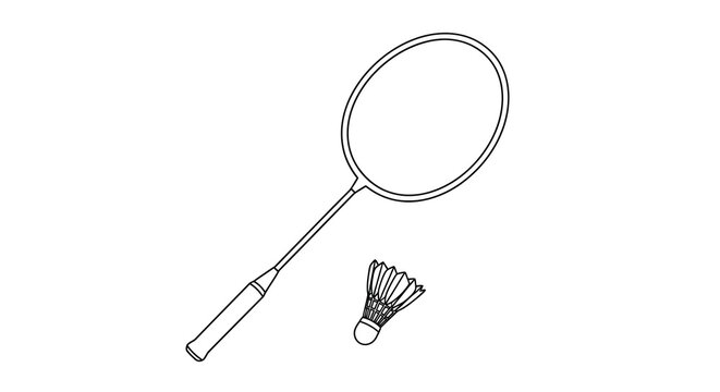 A simple black and white line drawing depicts a badminton racket and a shuttlecock showcasing sporting equipment
