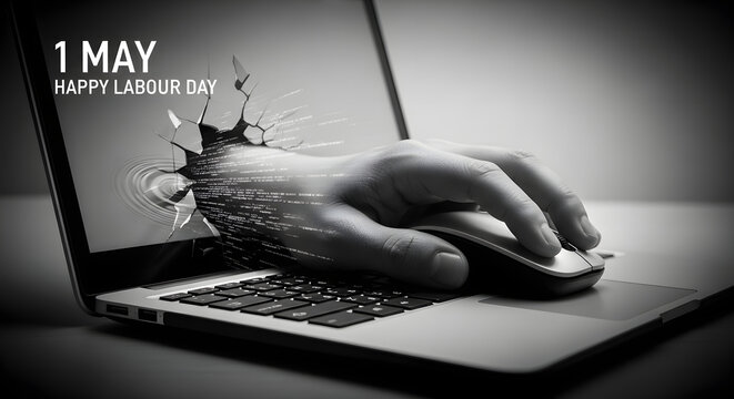 A hand on a laptop keyboard with pixels exploding