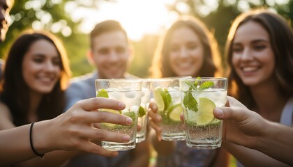 Fototapeta premium Happy friends celebrating with refreshing lime cocktails at an outdoor gathering during golden hour, enjoying a joyful summer evening