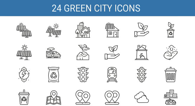 Set of 24 eco friendly green city line art icons.