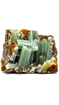 Natural Green Prismatic Mineral Crystals On Textured Brown Rock Matrix Isolated On White Background Studio Shot