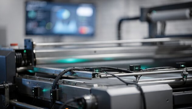 Medium shot of a smart printing press with IoT vibration sensors highlighting realtime monitoring on a digital dashboard background blurred to emphasize technology.