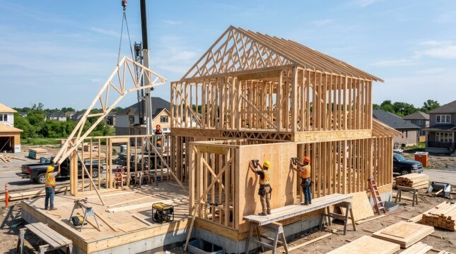 A construction site with a crane and workers building a house.