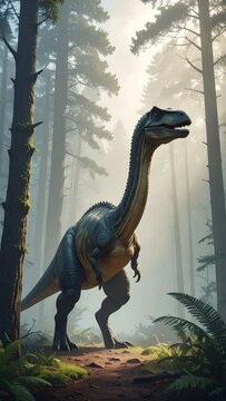 Majestic Long Necked Bipedal Dinosaur Standing In A Misty Prehistoric Forest With Soft Sunlight Rays Filtering Through Tall Pine Trees