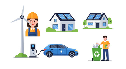 Set of sustainable lifestyle and renewable energy icons with characters and objects. © Safa_Sekar Madinah