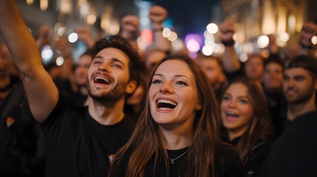 A vibrant group of friends celebrating joyfully together in a bustling urban environment capturing a moment of pure collective elation