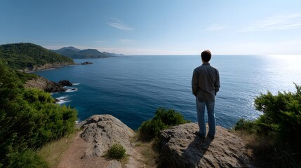 Fototapeta premium A lone figure stands on a rocky bluff gazing out over the vast deep blue expanse of the ocean under a clear sky