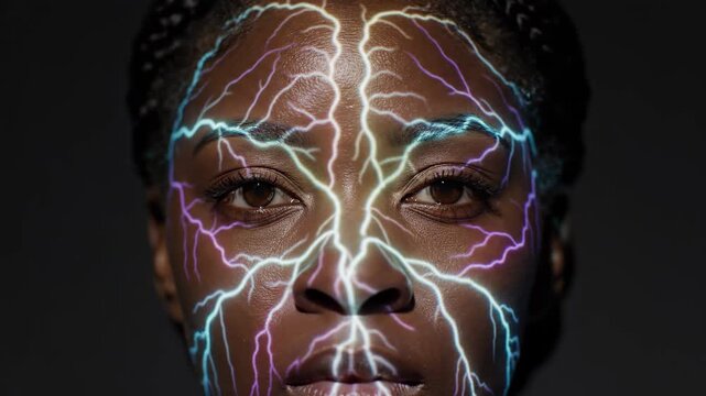 Close-up of a Black woman's face with dynamic lightning patterns and bokeh lights. Represents AI, brain activity, and digital technology.