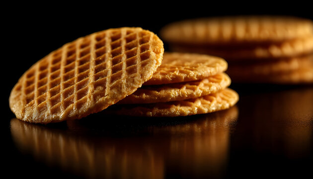 Extreme close up view on traditional Dutch and Holland stroopwafels rotate or spin on a black mirror on a black background. Sweet waffle cookies lay on the table. Low key lighting