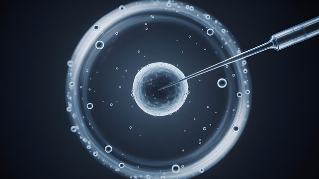 Microscopic view of human fertilization: a pipette injecting fluid into an egg cell in a petri dish, symbolizing IVF and assisted reproduction.