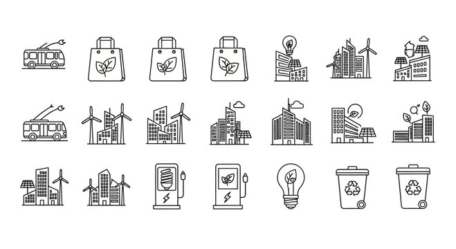 Set of hand drawn eco friendly sustainable living and green energy icons.