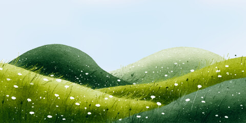 Naklejka premium Watercolor grass field with mountains and sky. Spring landscape background featuring green meadows, hills, and clouds in nature scenery vector illustration.