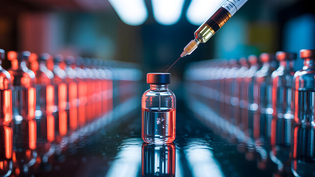 A single vial filled with amber liquid is prepared for injection by a syringe, with rows of identical vials illuminated by red and blue lights, suggesting medical research and drug development.