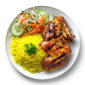 Inasal na manok with turmeric rice and shredded vegetables isolated on a white background