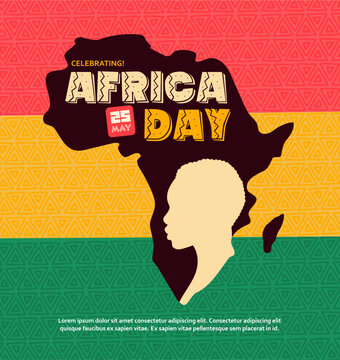 Happy Africa Day Poster Design with Bold Typography, African Map and Tribal Pattern African Color Flag. Africa Day Template, Background, Greeting, Feed, Vector Illustration. 