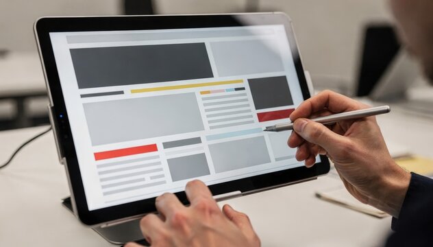 Medium shot of a digital screen showing a political frontpage layout with headlines and photos designers hand adjusting text columns in sharp focus.