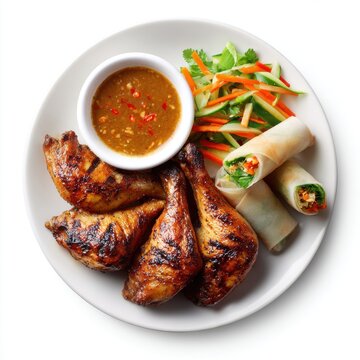 Inasal na manok with vegetable spring rolls and peanut sauce isolated on a white background
