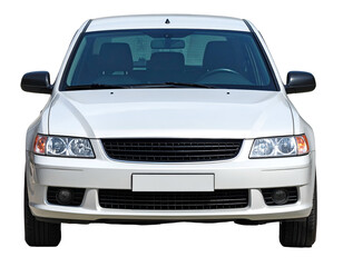 Fototapeta premium White sedan, front view, headlights, grille, windshield
