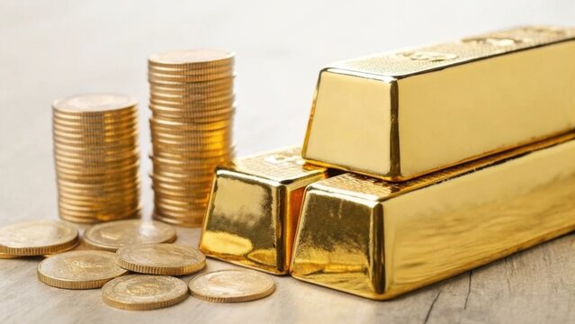 Stacks of gold coins and shiny gold bars arranged on a wooden surface, symbolizing wealth and investment.