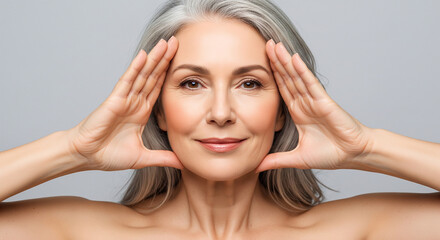Fototapeta premium Beautiful senior woman framing her flawless face with hands perfect for promoting mature skincare and anti aging cosmetics