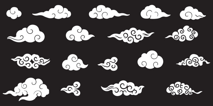Four distinct black outline cloud illustrations featuring elegant swirls and traditional Asian inspired styling on white