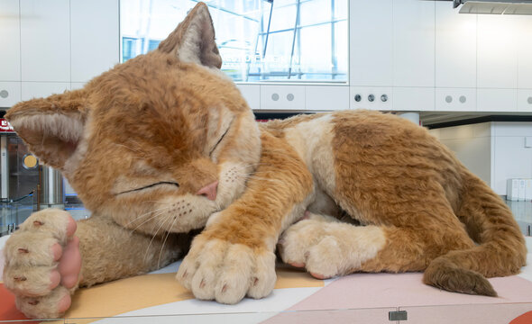 Hong Kong -April 8 2026: An 8-meter (26 ft) long interactive ginger cat sculpture is on display at Hong Kong International Airport