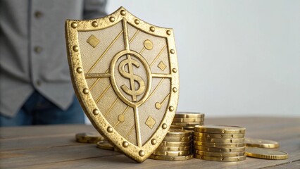 Naklejka premium A golden shield with a dollar sign stands upright on a table, surrounded by stacks of gold coins, symbolizing financial security and protection.
