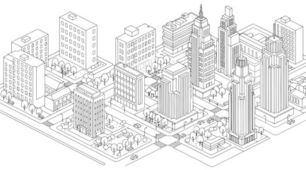 Fototapeta premium Isometric city skyline architectural line art illustration